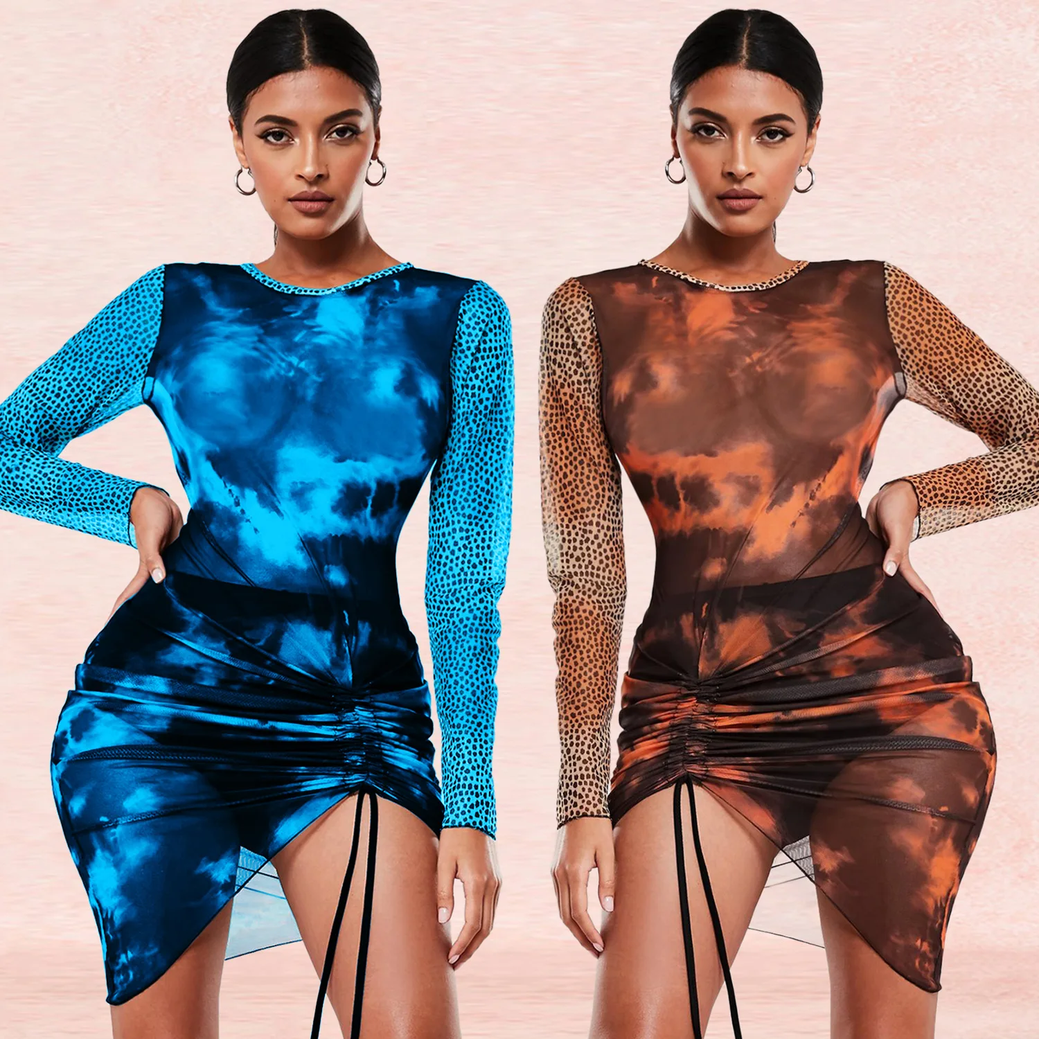 

2021 new arrivals long sleeve women's tie dye mesh dress bodysuit ruched lace up dress sexy club dresses, 2 color as picture