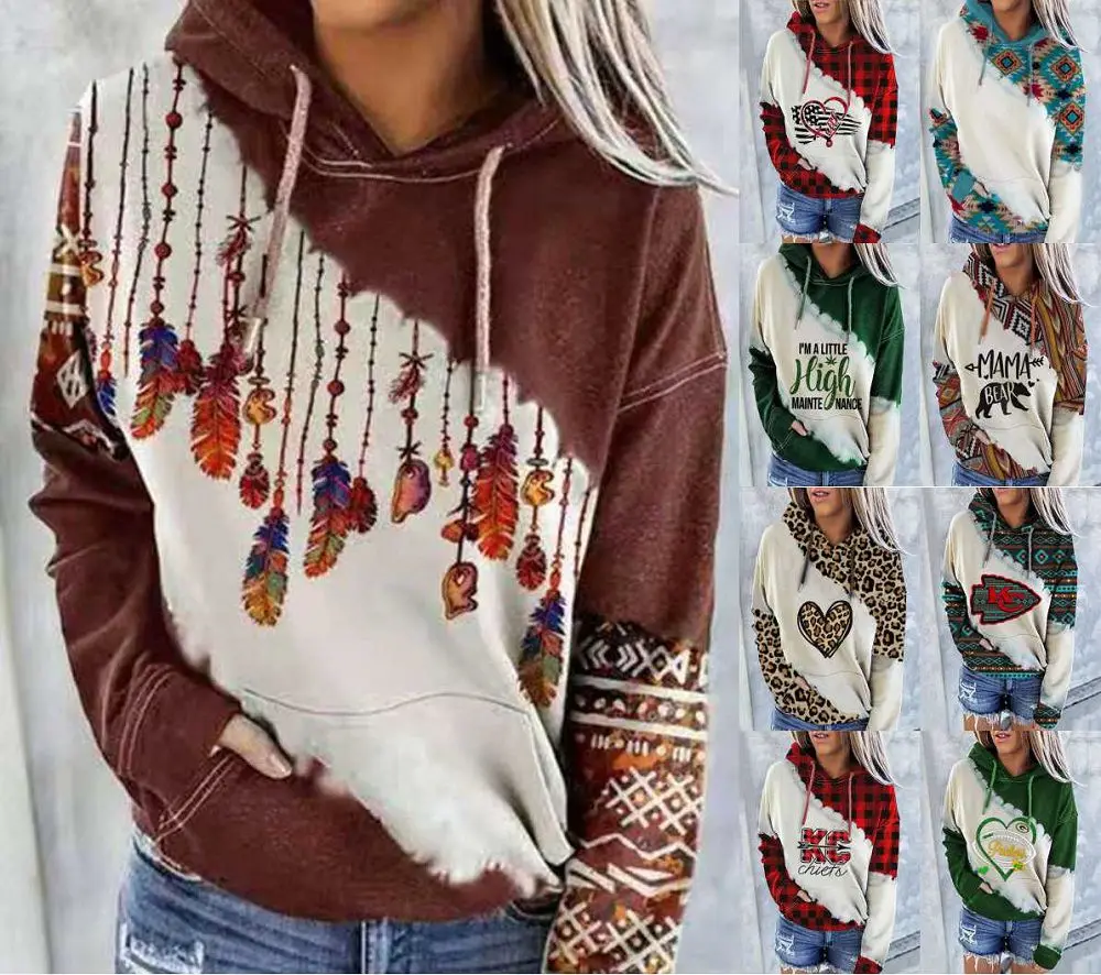 

Hr115 women tribal ethnic style sweatshirt pullover hooded geometric leopard plaid aztec geometric print hoodies, Customized color