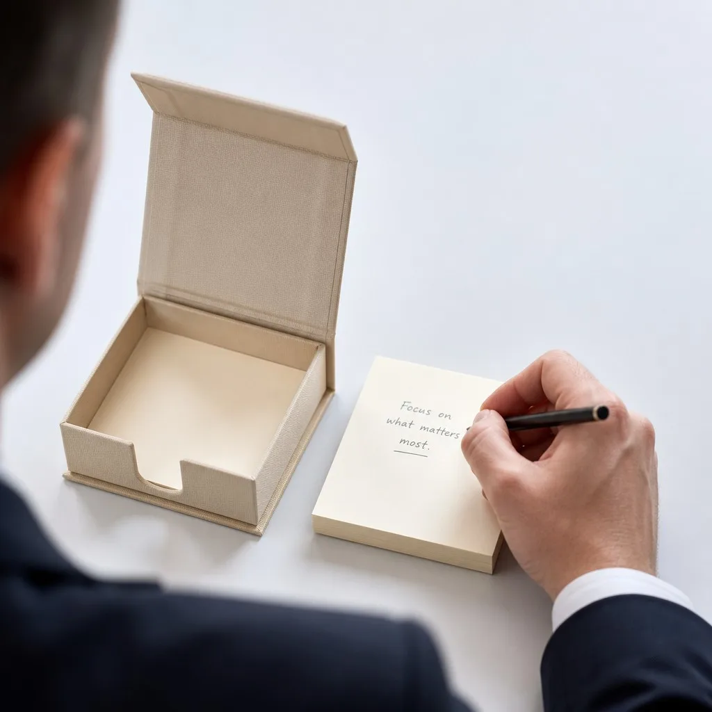 Active Note Taking on Corporate Sticky Pad Beside Gift Box