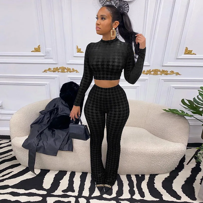 

New Arrival Set Sexy Crop Top Women Clothing Straight Pants Mesh Flocked Black Color Sets