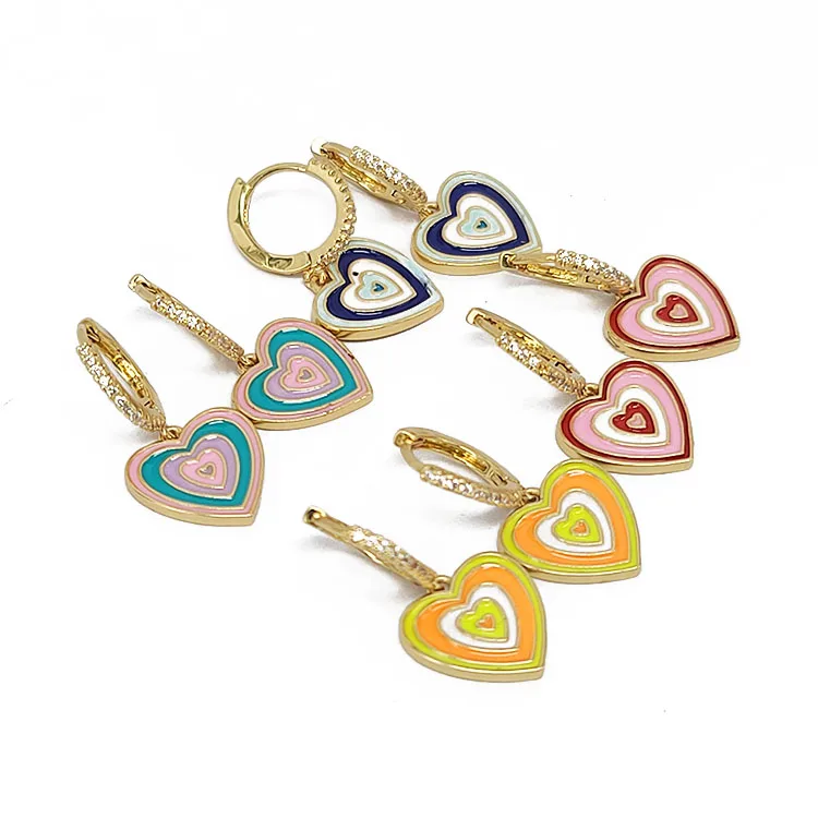 

EC1771 18k Gold Plated CZ Rainbow Multicolor Heart Dangling Drop Charm Huggies Hoop Earrings