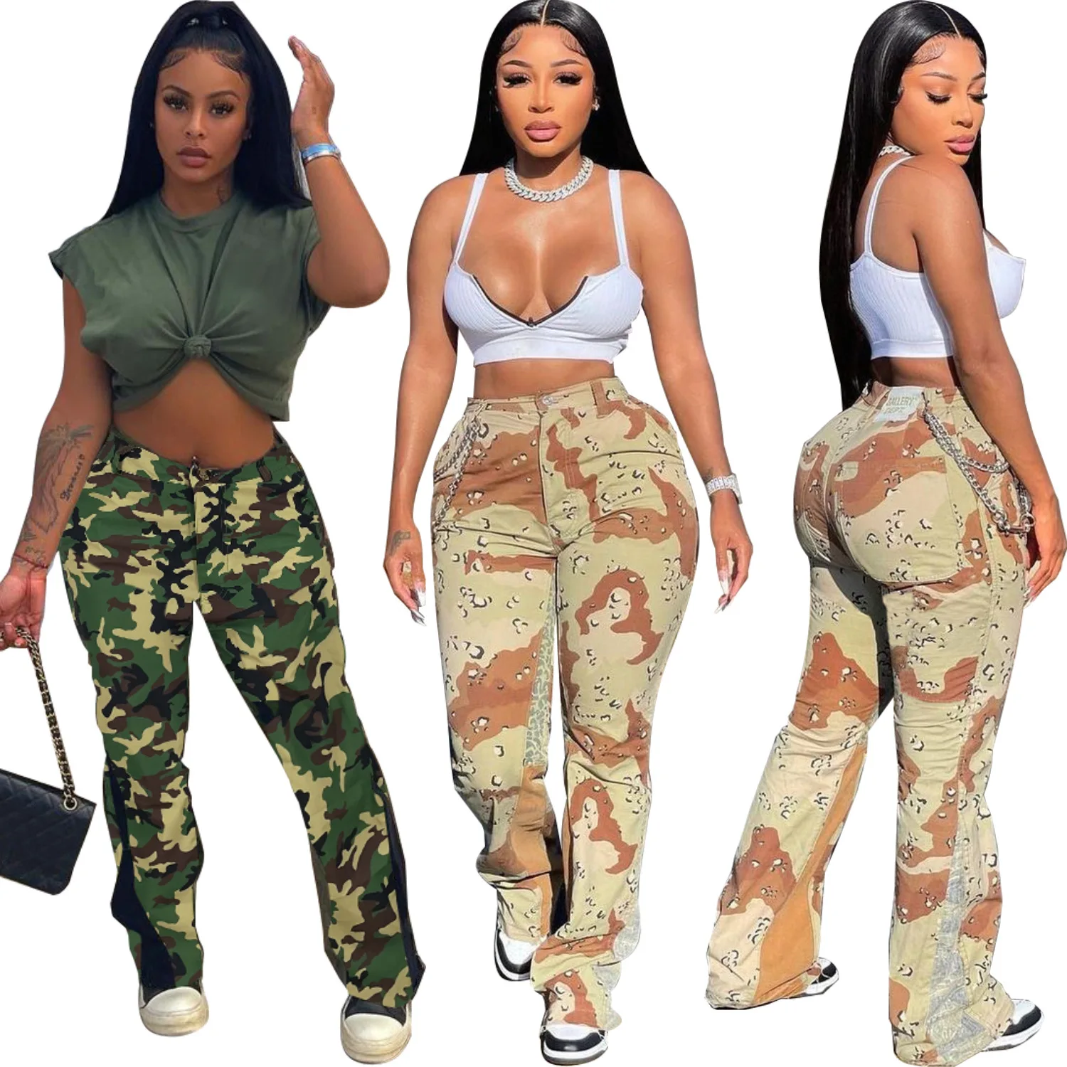 

HY5246 Good quality Hot sell summer casual women's trousers woman clothing flare pants chain camo plus size women's pants