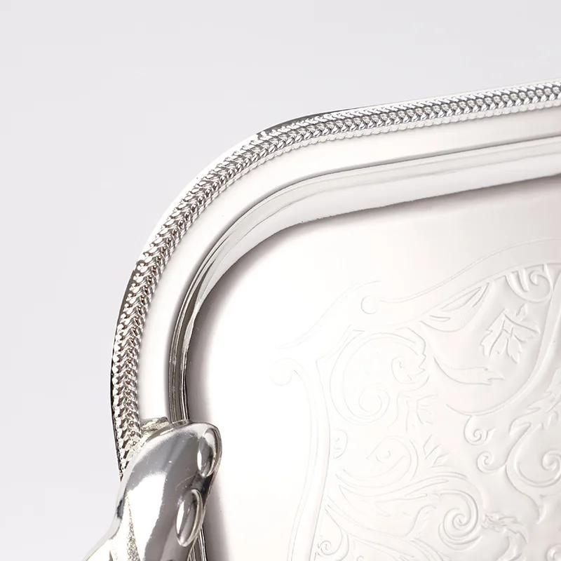 
European Style Custom Logo Galvanized Silver Stainless Steel Metal Fruit Serving Tray With Alloy Handles 