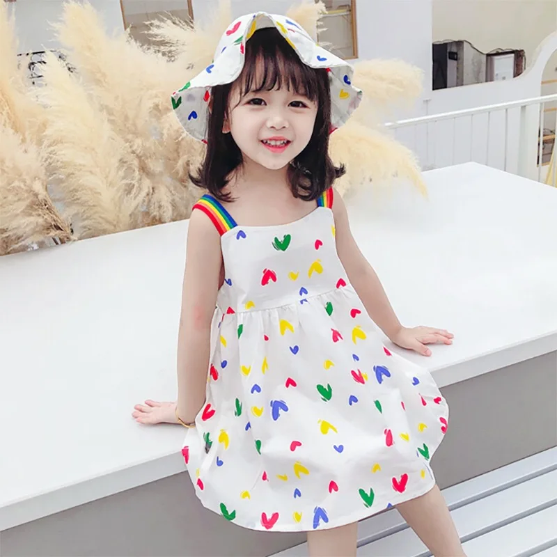 

New fashion infant Girls summer sleeveless hearts printed casual dress with hat, Picture shows