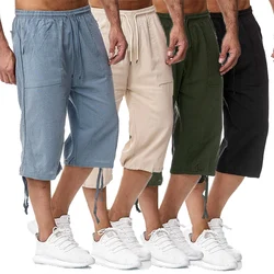 Plain Solid Color Men Bermuda Shorts Summer Breathable Linen Shorts Casual Track Pants Sweatpants