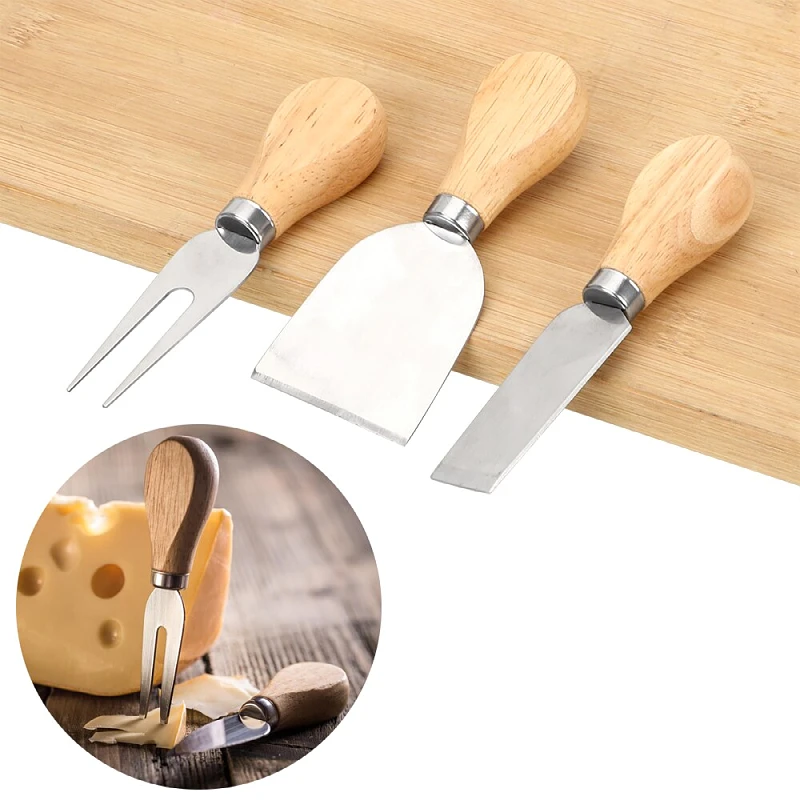 

High Quality Wooden Handle Cheese Knife 3 Piece of Cheese Tools Stainless Steel Cheese Slicer, Silver