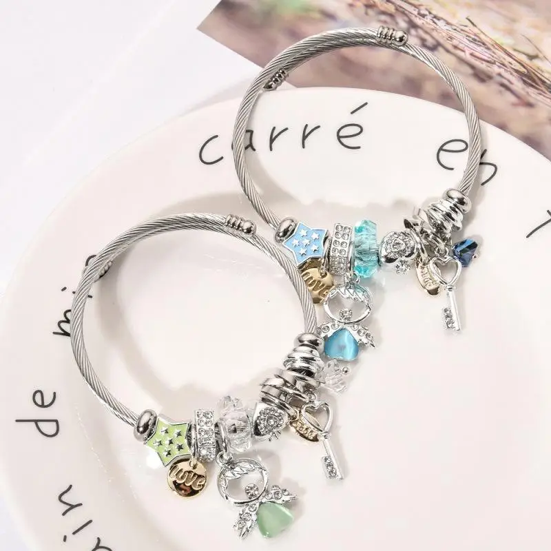 

Explosive style stainless steel color-preserving open bracelet color crystal diamond love angel bracelet female, As shown in color