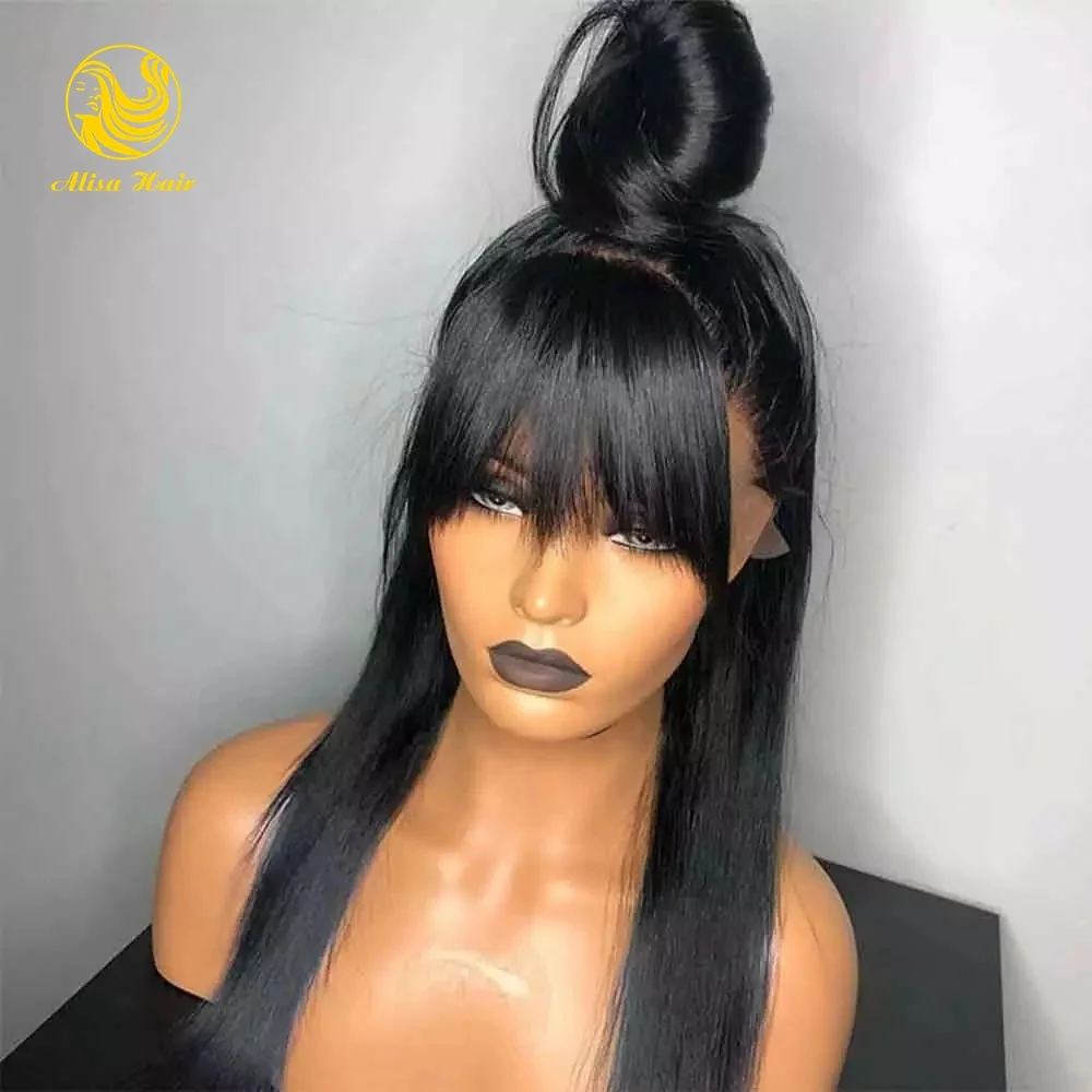 

Perruque Cheveux Humain 26 Inches Silky Straight Virgin Brazilian Human Hair Lace Front Wigs with Bangs, 1 1b 2 4