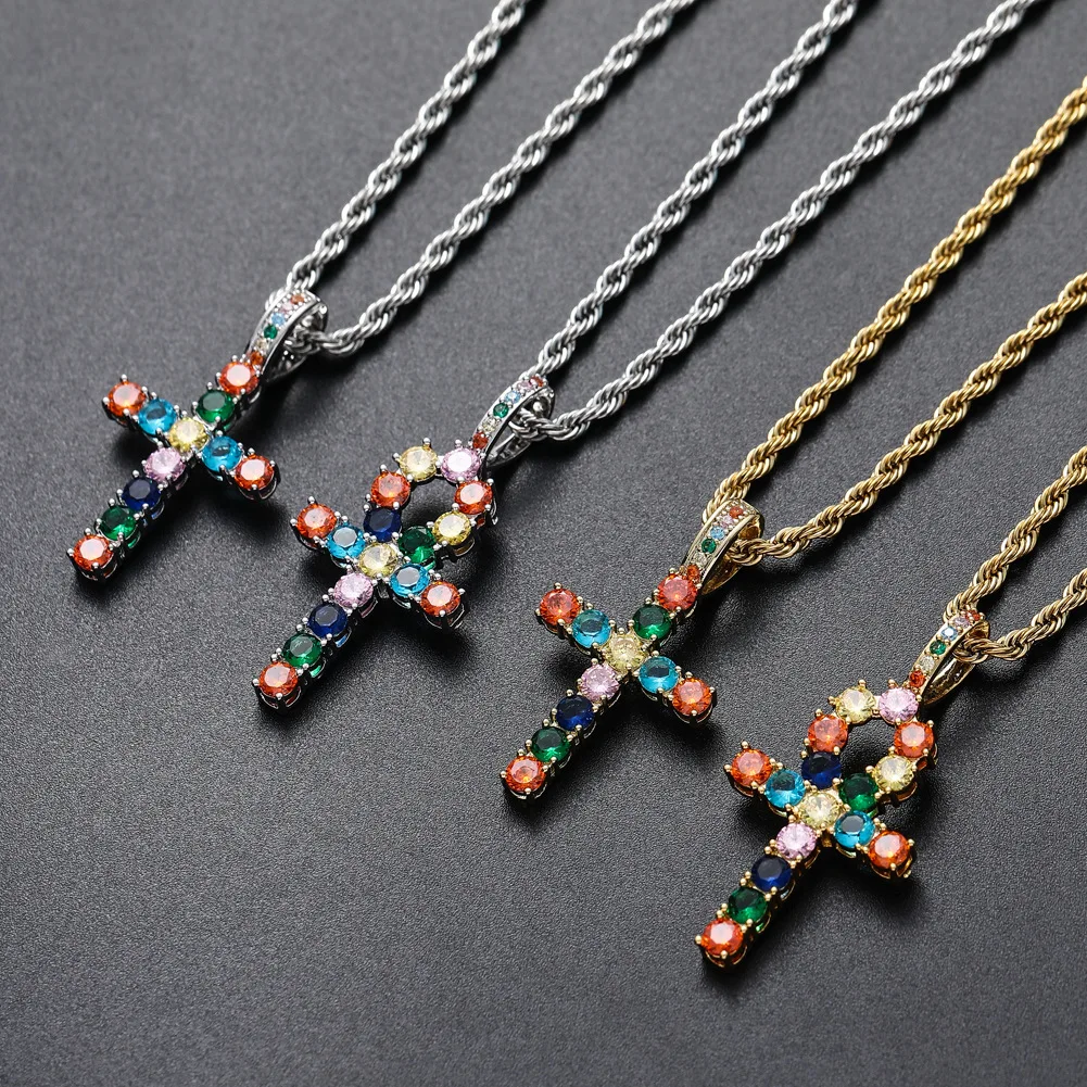 

2021 Sailing Jewelry Iced Out CZ Eye Cross Pendant Necklace For Mens Hip Hop Colorful Zircon Cross Necklace