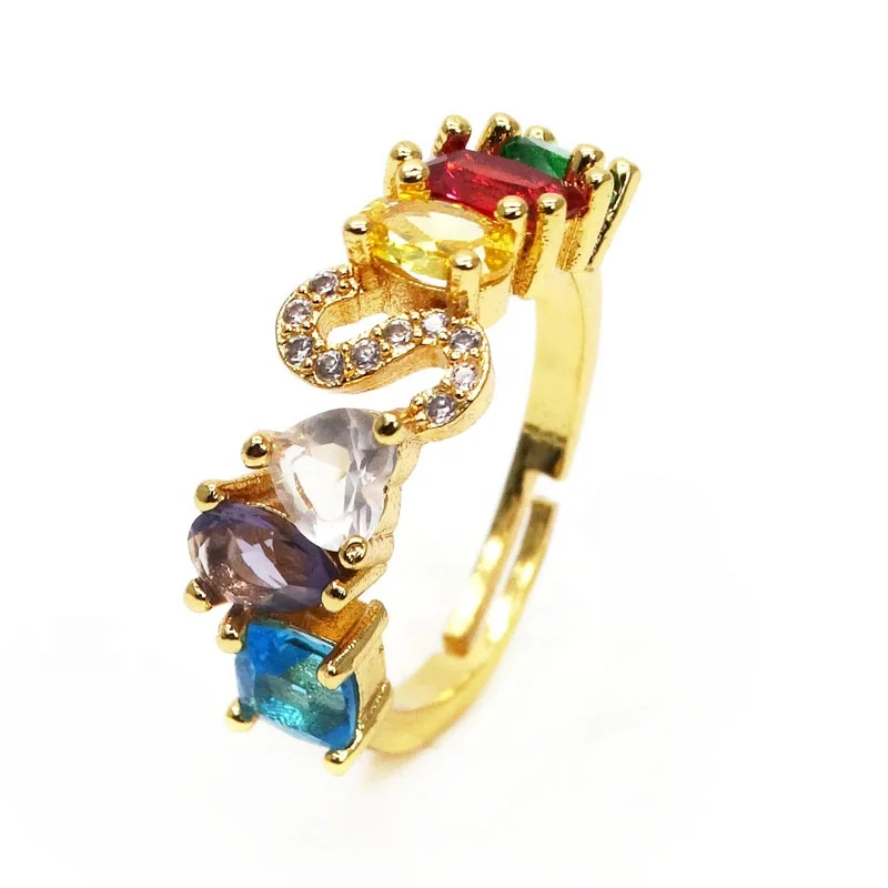 

Adjustable A-Z colorful CZ Ring Bohemian Copper Zircon Micro Pave Letter Rings for Women Girls Party Wedding Jewelry Gift