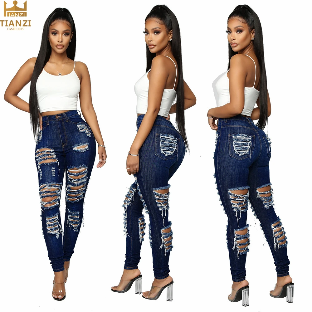 

W8242 - trendy fashion scratched hollow out bandage ladies pants