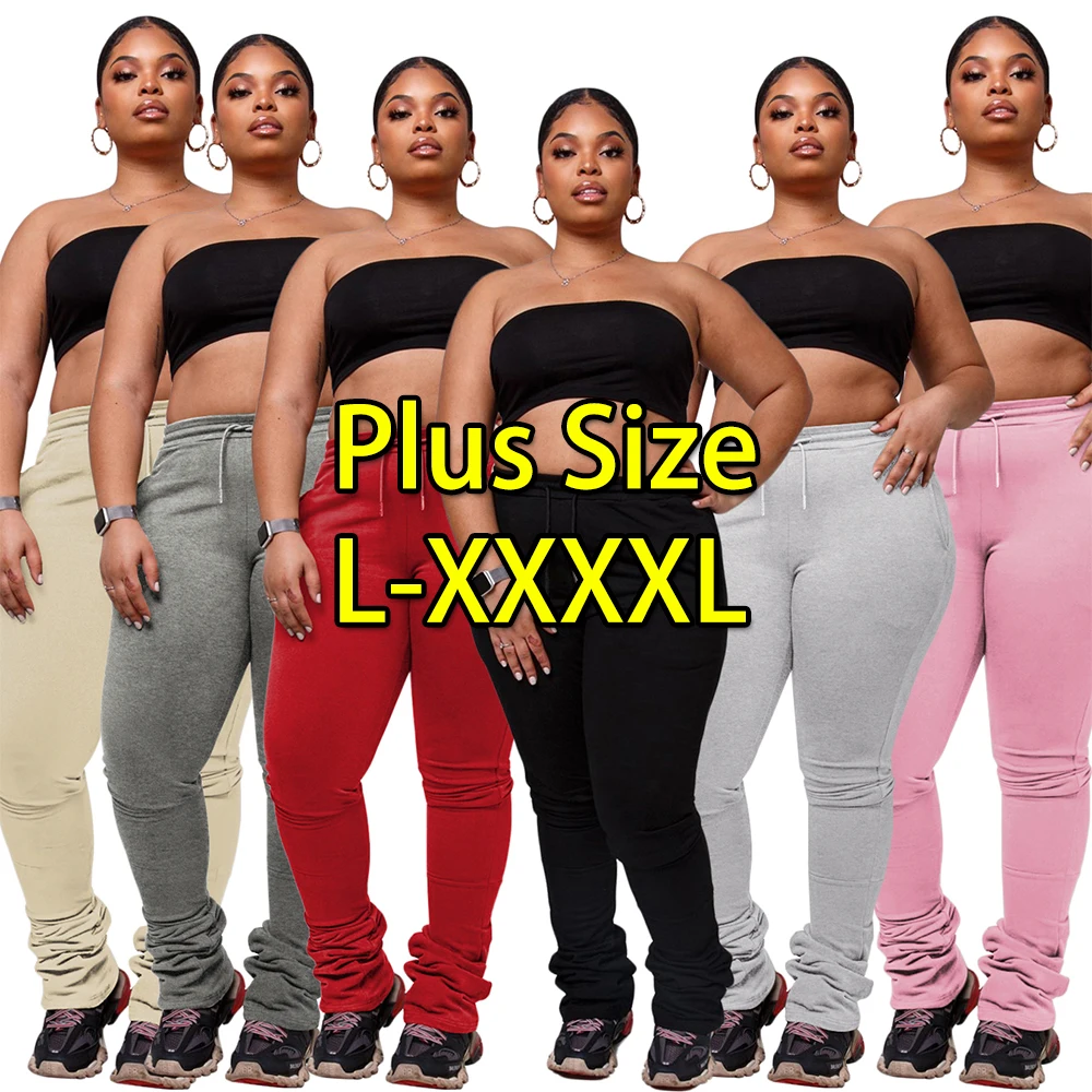 

training jogging wear plus size pants trousers solid color high waist ruched pleated heap women stacked leggings pants
