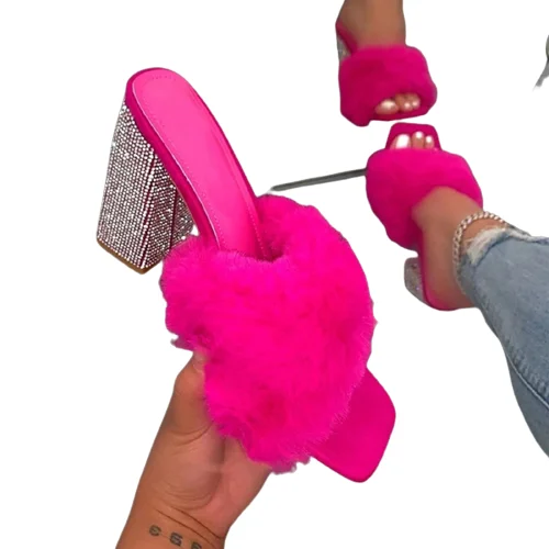 

F21716A 2021 in stock wholesale fashion Large size rhinestone fur shoes women high-heeled sandals, Yellow, red, black, beige, rose