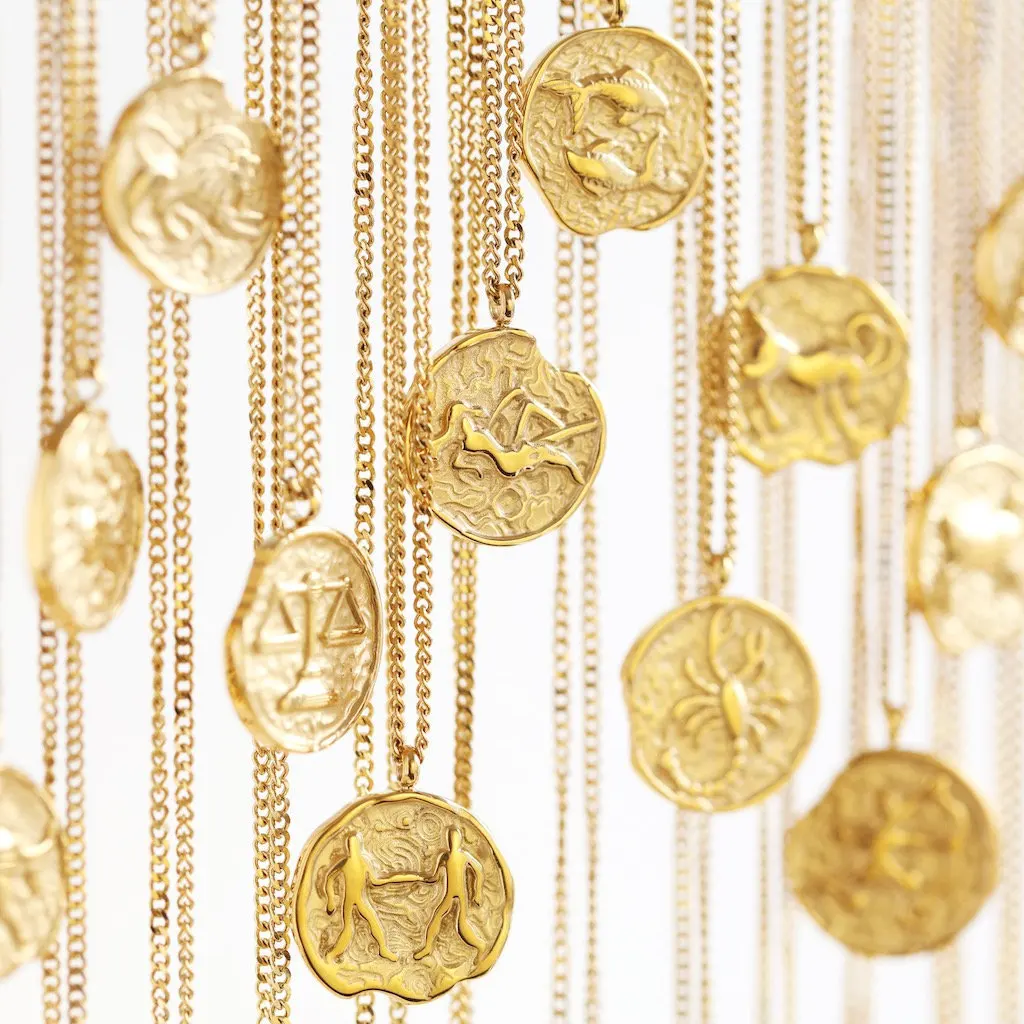 

Gold Plated Vermeil Zodiac Necklace Jewelry Stainless Steel Round Zodiac Medallion Astrology Necklace Star Sign Coin Pendant