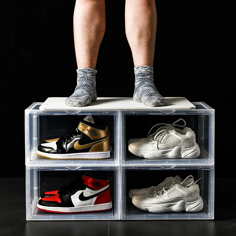 
Side Open Drop Door Steady Stackable Simple Assemble Custom Nike Sneakers Foldable Clear Shoe Storage Box With Magnetic Door 