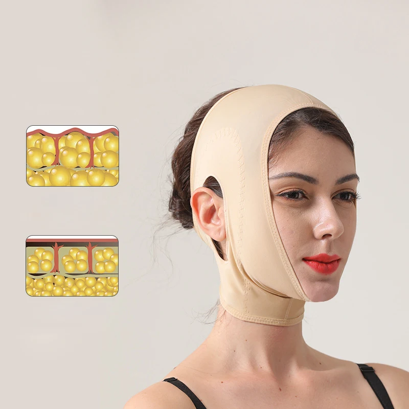 

plastic surgery recovery use liposuction garment cotton spandex face mask facial shaper v face slimming lifting belt, Black, nude