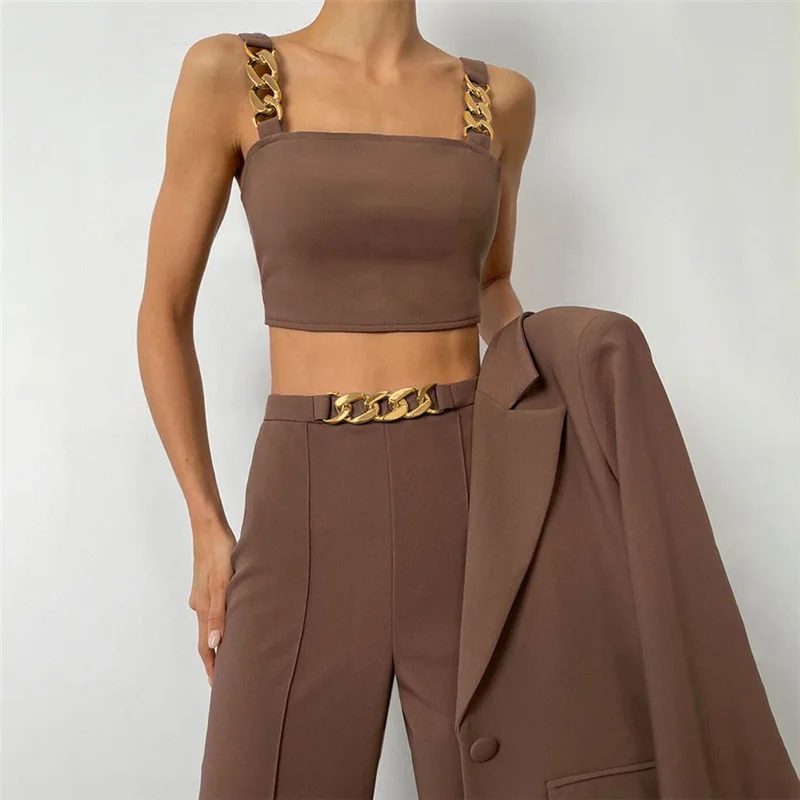 

2021 New Arrivals Winter Fall Womens Two Piece Chain Crop Top High Waist Wide Leg Pants Outfits Clothing Set, 3 colors