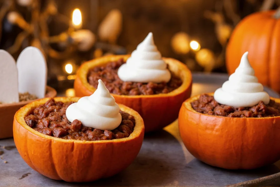 Halloween chili served in carved mini pumpkins with ghost-shaped sour cream garnishes and spooky tombstone cornbread