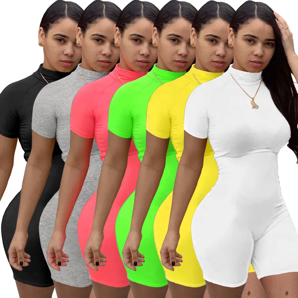 

Women One Piece Jumpsuit Custom Fashion Clubwear Solid Color Turtleneck Summer Short Rompers Bodycon Jumpsuit For Ladies RS00687