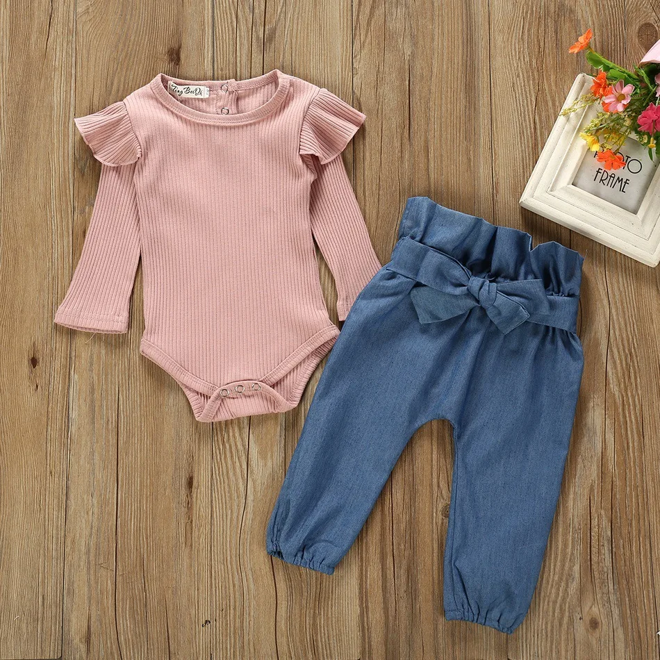

BABY sets dress Pink ruffled long sleeve top with bow jeans baby girl suit