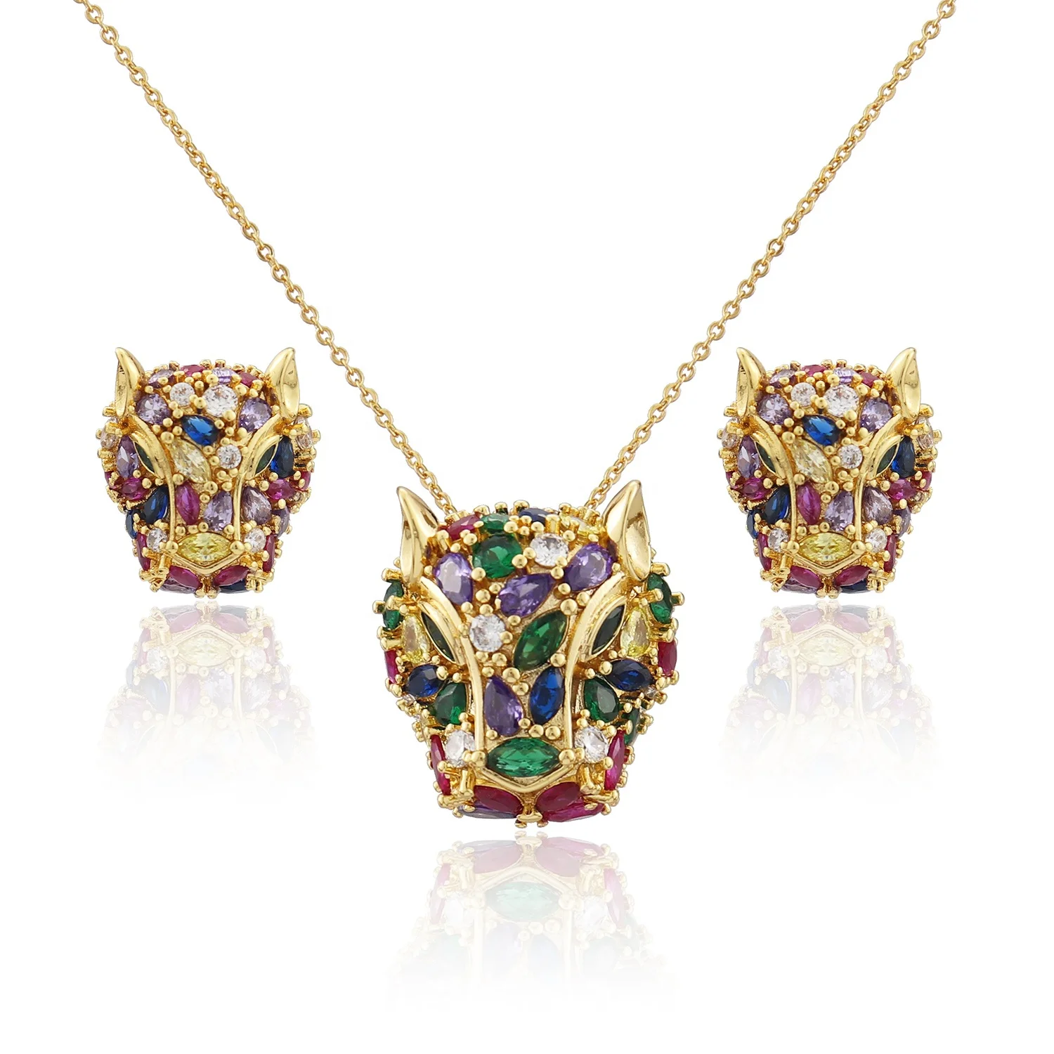 

Jewelry with colored zircon 18K real gold plated jewelry set panther shape necklace earring sets