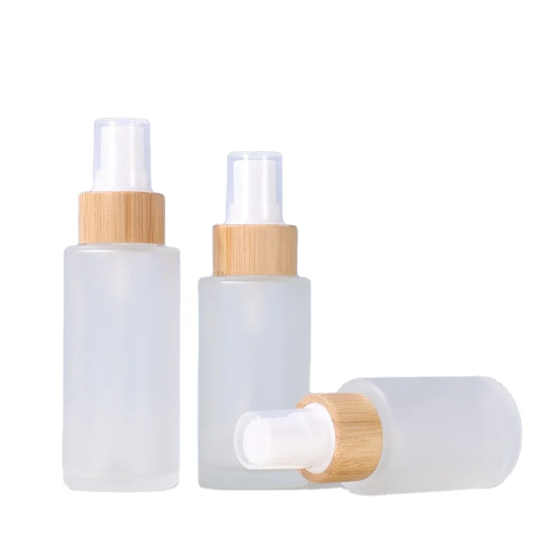 

Bamboo collar 60ml frosted clear round glass bottle cosmetic lotion spray bottle for skin care