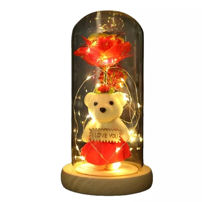 

24k Gold Rose Artificial Rose Flower with Bear Doll 24k Gold Foil Rose Flower in Glass Dome for Valentine's Day Mothers Day Gift