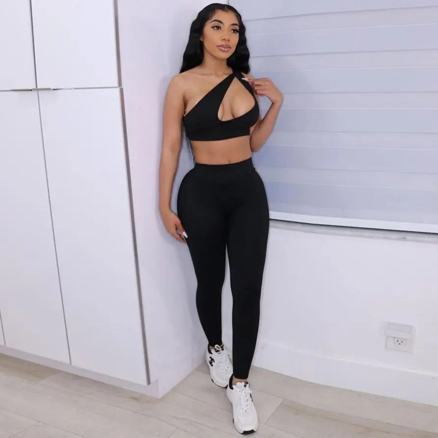 

Summer Women's Sports Suit Inclined Shoulder Hole Cleavage Tank Tops+Concise Stretchy Pants 2 Piece Set Women