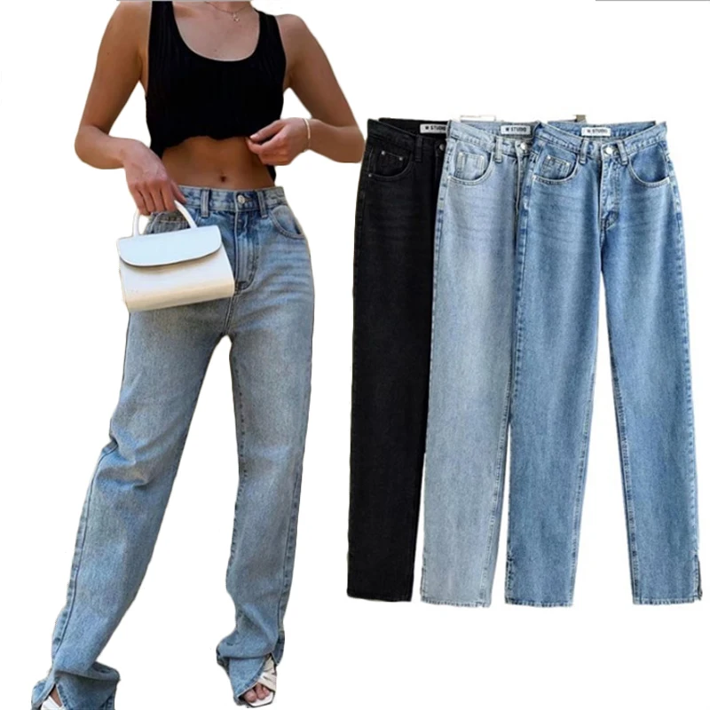 

Hot selling 2021 women's pants & trousers Casual Loose straight leg high waist jeans Denim Jeans with split hem, Picture color