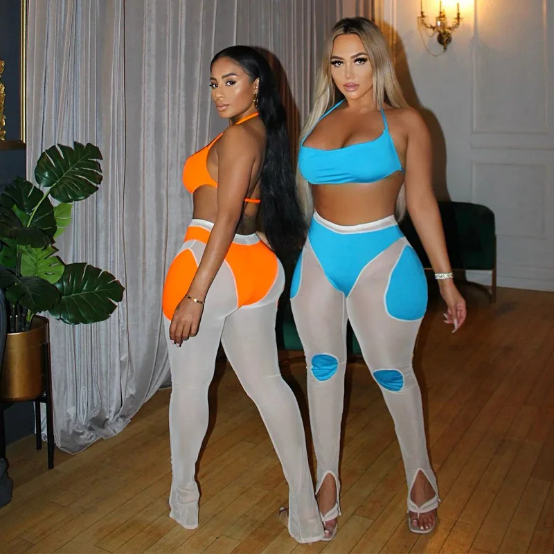 

New summer fashionable lounge wear women clothing patchwork mesh two piece sets
