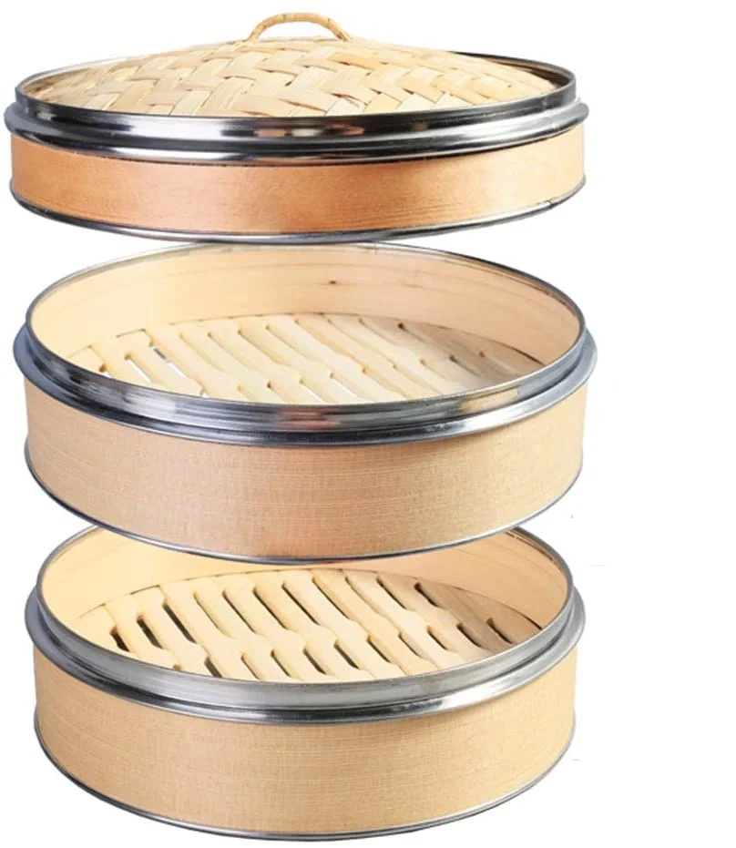 

2 Tier Kitchen Bamboo Steamer Double Stainless Steel Banding for Asian Cooking Buns Dumplings Vegetables Fish Rice, Natural