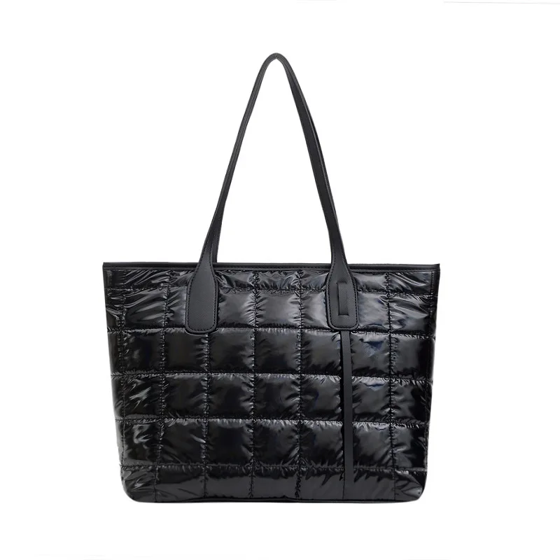

Wholesale women large black nylon quilted plaid cloth fashion bags tote puffer tote bag, Green, blue, black, pink, silver