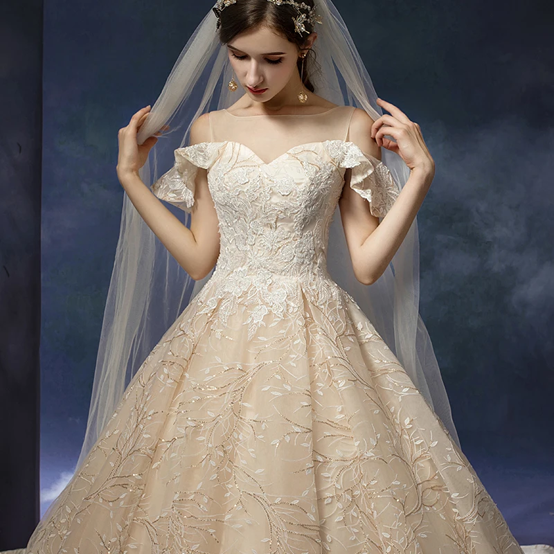 Women Off Shoulder Champagne Lace Up Ready To Ship Wedding Dress With