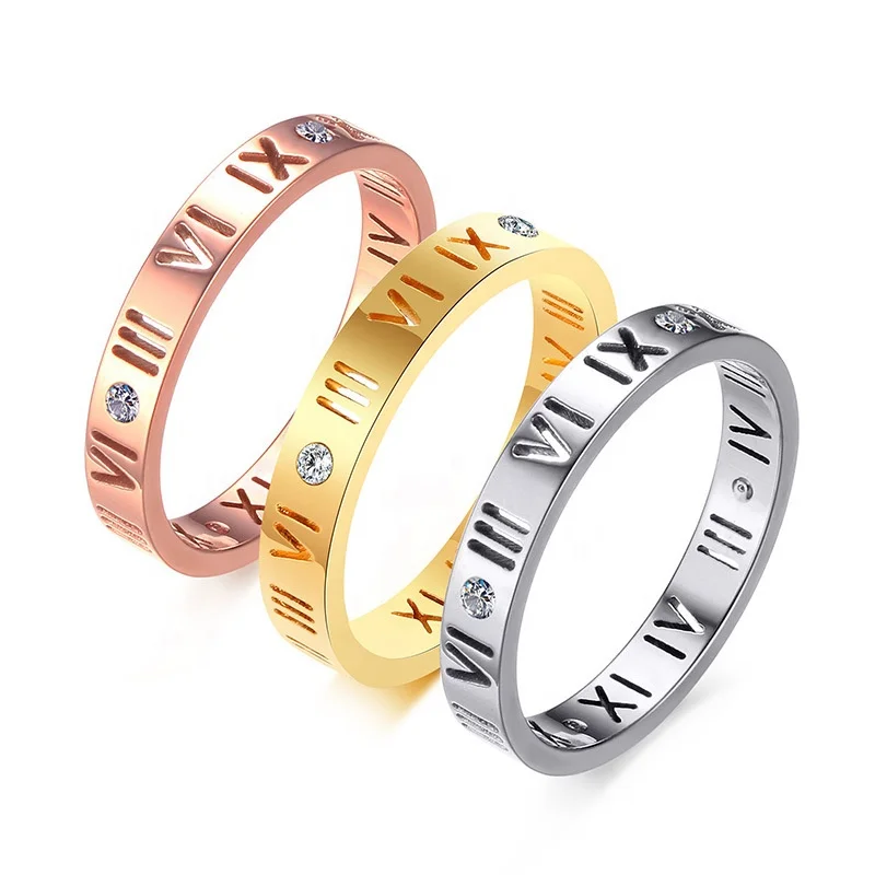 

Hot Selling Fashion Minimalist Jewelry Roman Numerals Hollow Out 316L Stainless Steel Diamond Rings, Gold,silver,rose gold