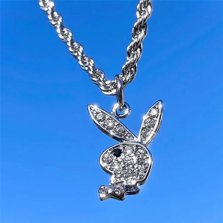 

Hip Hop Diamond Rhinestone Stainless Steel Necklace Bunny Pendant Rabbit Necklace