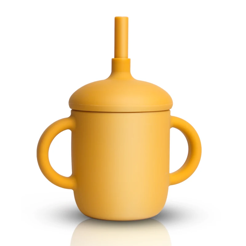 

2021 new product silicone baby sippy cups with handle and straw leakproof, Blue