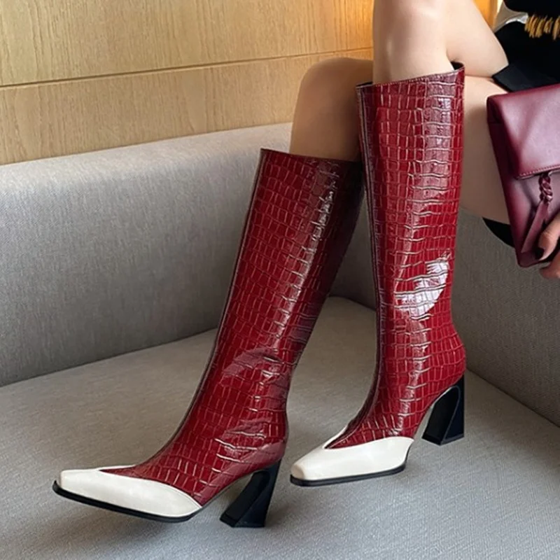 

Winter Slip-on Hoof Heel Shoes Women Booties Long Square Toe Genuine Leather Upper Knee High Boots Patchwork Fashion Shoes, Beige black wine red