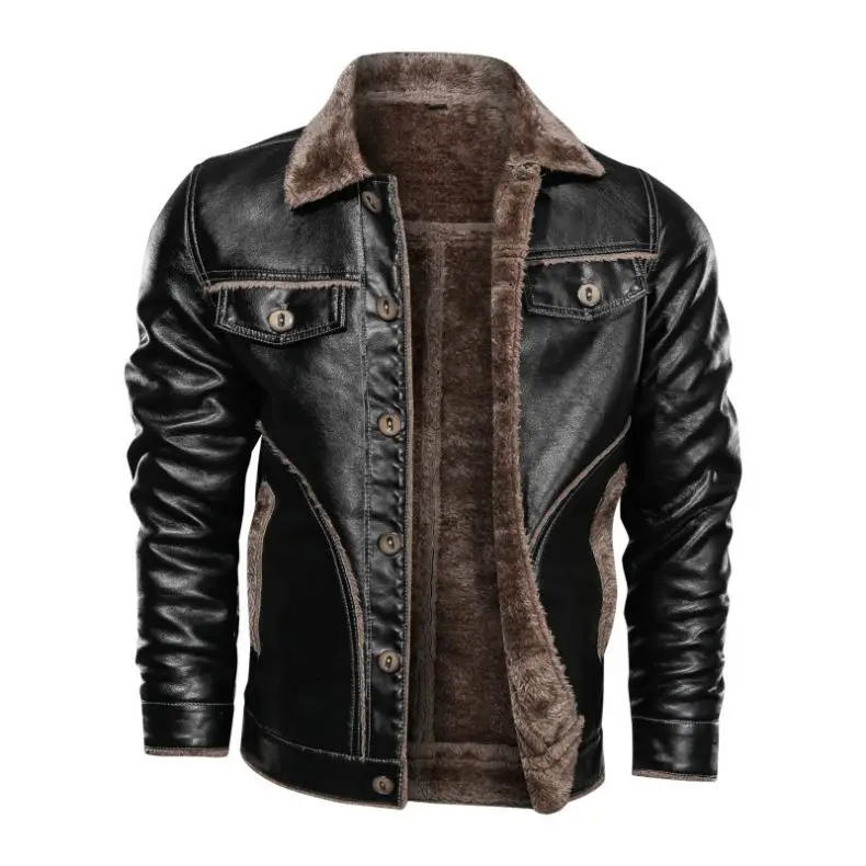 

New Arrivals Faux Fur Men Winter Thickening Warm Jaket Turn Down Collar Black Brown Motorcycle Leather Jackets, Black,coffee