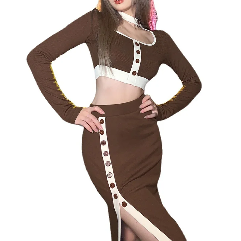 

Fall 2022 women clothes ladies sexy o neck long sleeve crop top with slit skirt co ord set 2 piece outfits
