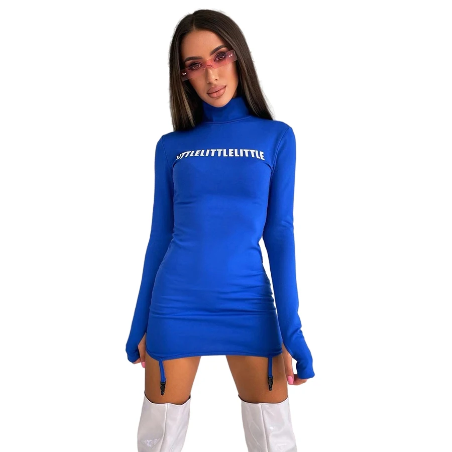 

K21D06779 2021 Fall Fashion Letter Print Long Sleeve Turtleneck Dresses Fashion Elegant Bodycon Skinny Women Dress