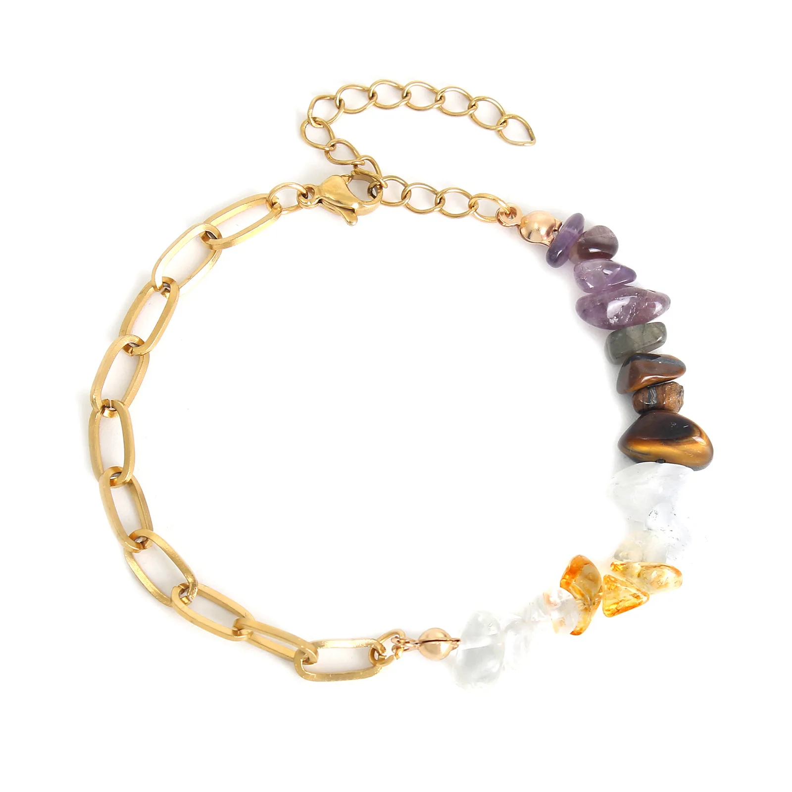 

2023 Summer Colored Natural Stone Beaded Bracelet Geometric Crystal Agate 18k Gold Plated Stainless Steel Chain Bracelets