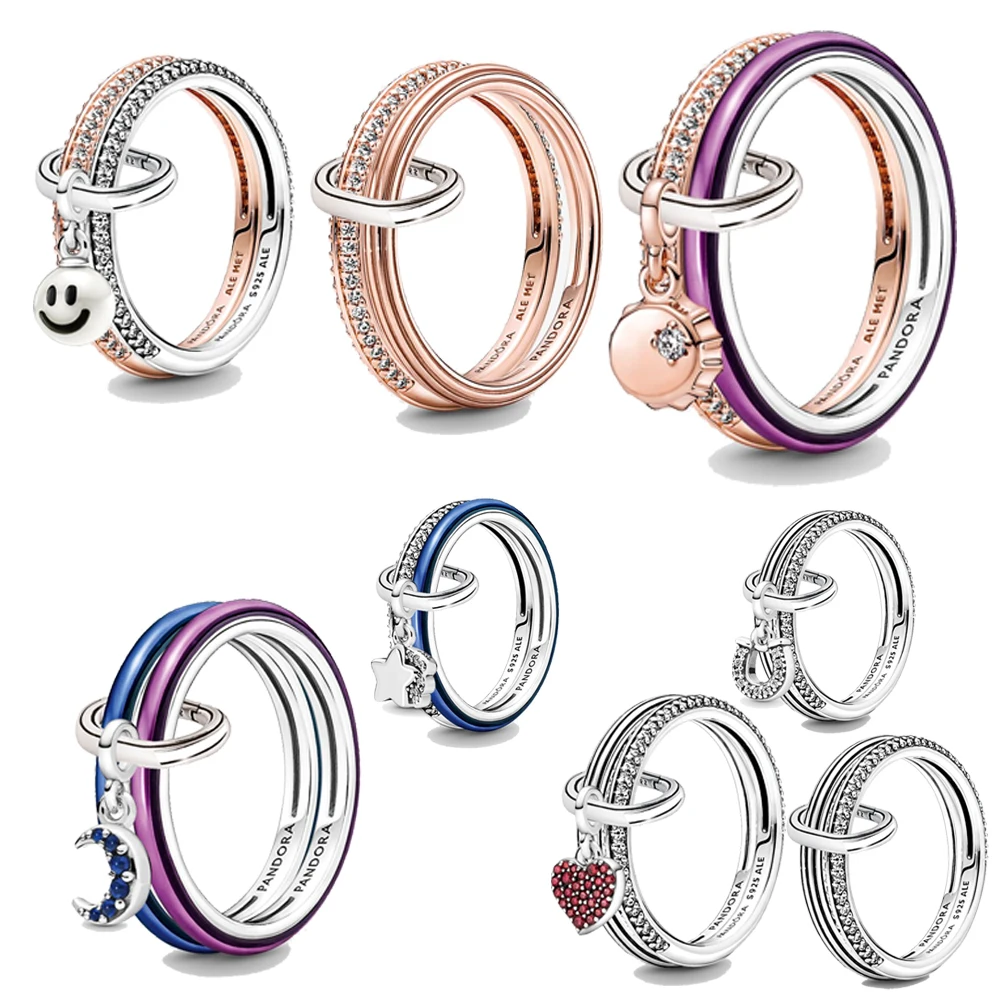 

100% pure 925 sterling silver factory price wholesale Conjunto de anillos Pandoraer Me shocking multi color & pave rings set