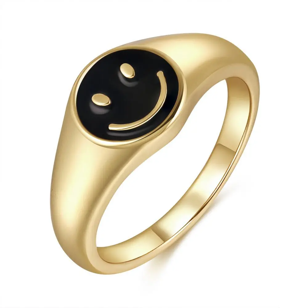 

2021 female women hot simple 18k gold plated colorful enamel smile happy face smiley ring
