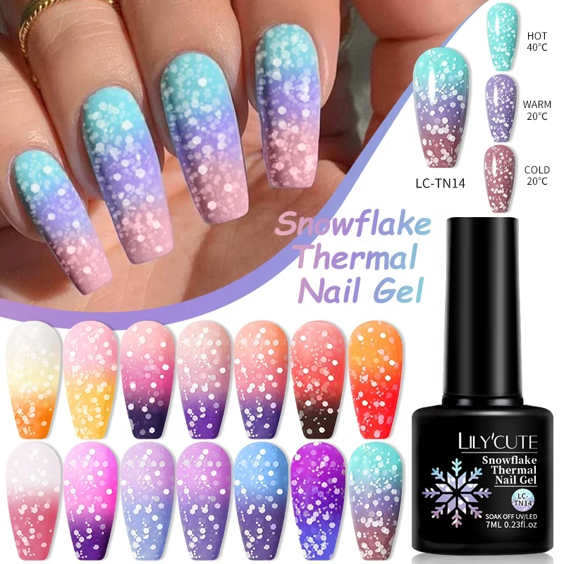 

LILYCUTE 7ml Snowflake Thermal Nail Gel Varnish 3 Layers Glitter Temperature Color Changing Gel Polish for Nail Art