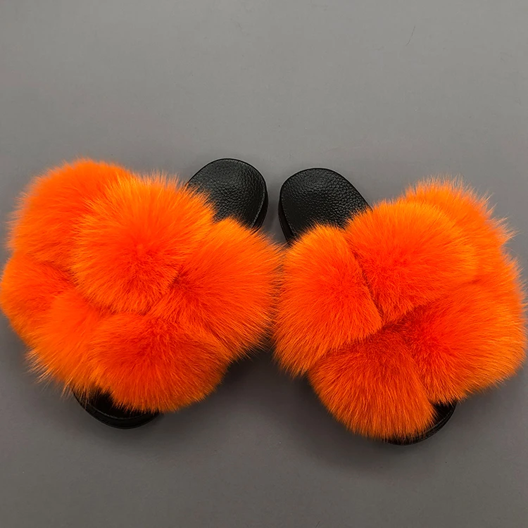 

Free shipping flurry women girls fox fur slides big pom pom rainbow fur slides, Customized color