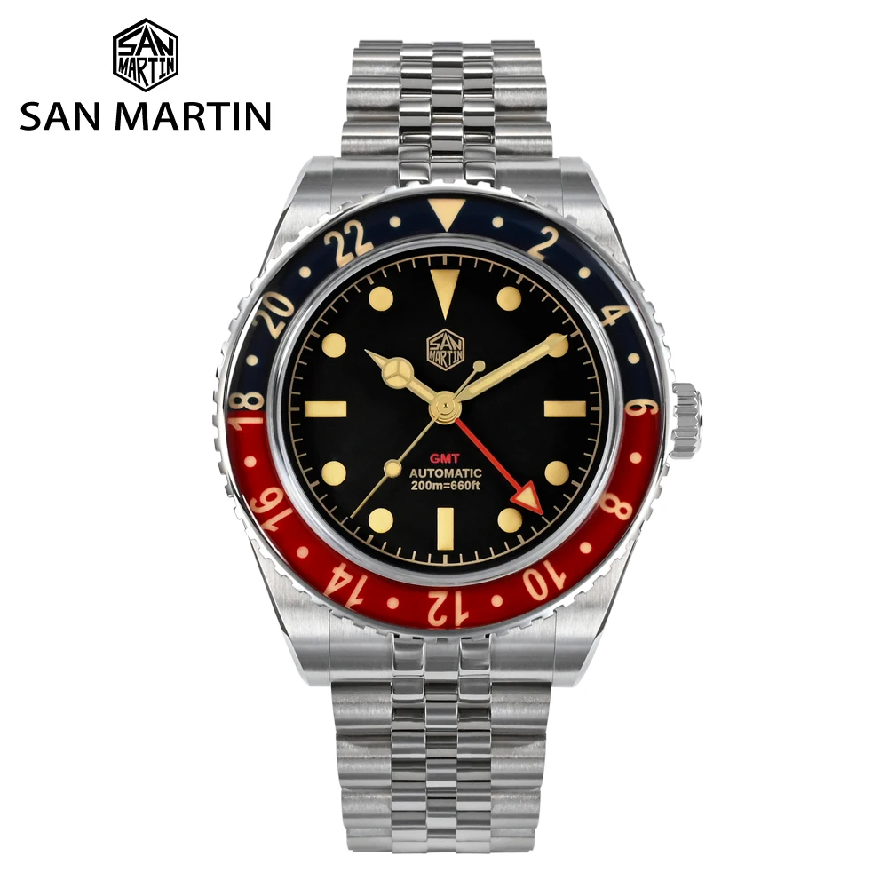 

Free fedex shipment San martin 20atm GMT sapphire glass bezel 316L stainless steel automatic mechanical diver watch for sale