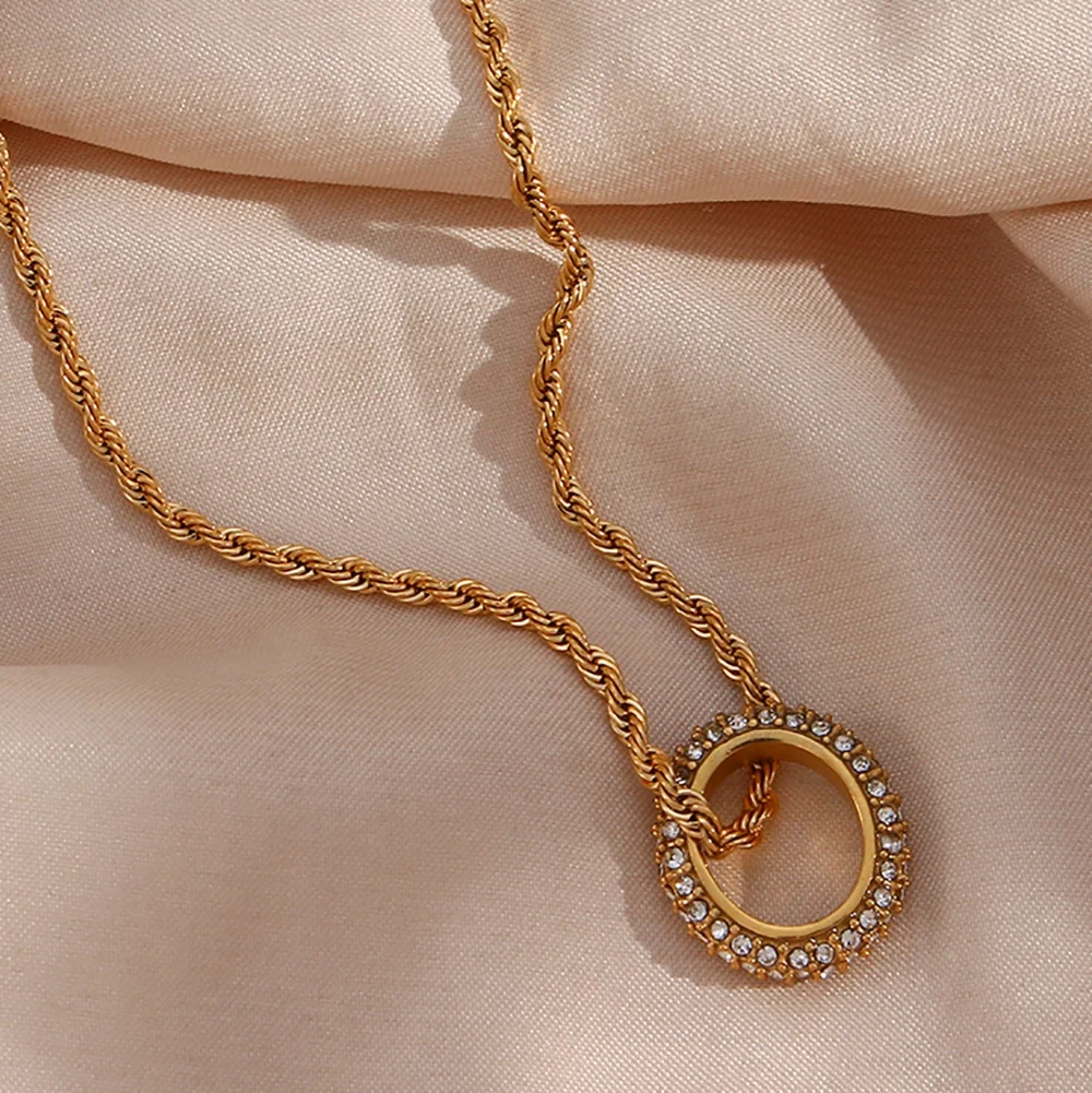 Non Tarnish Bling Micro Insert Zircon Twisted Rope Chain Necklace Gold Plated Stainless Steel Hoop Pendant Necklace