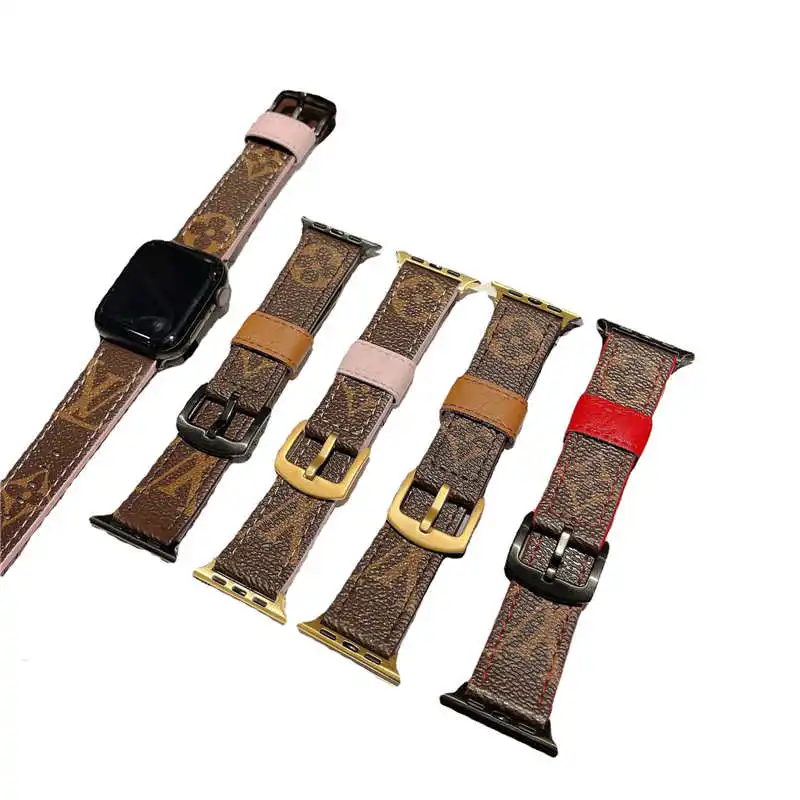 

Fashion Luxury Brand Letter Wristwatch Band For Apple Watch Series 6 5 4 Genuine Leather 38 40 42 44mm Smart Watch Strap Bands, 4 color