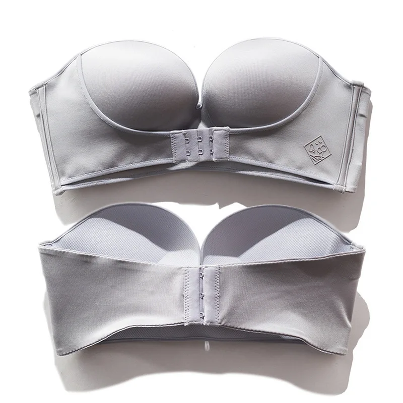 

2021 Button up front anti-skid breast pasted sexy accumulation women's push up Strapless bra, Black, grey, skin