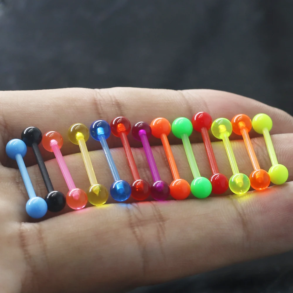 

5 Pc Mixed Candy Color Barbell Bar Ball Plastic Tongue Industrial Piercing Nail Flexible Men Women Stud Body Jewelry Accessories, Picture